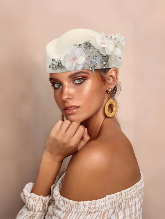 Women\'s British Felt hat Church Derby Headdress Floral Beret hat White main image 6